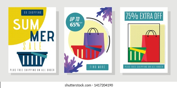 Summer Sales Flyers Set with Extra Sell-off Offer. Vector Shopping Bags and Baskets Illustration with Promotion Text. Invitation for Buying Goods at Bargain Prices. Special Discounts Kit