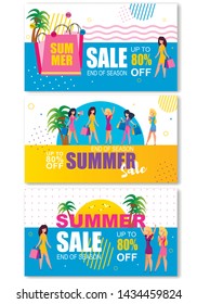 Pancartas de venta de verano preparadas para el tour de compras de mujeres. Caricatura Feliz Personajes Femeninos de pie con bolsas de papel. Mejor Oferta, Gran Precio Caída. Ilustración plana vectorial sobre fondo tropical