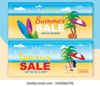 Summer Sales Header Flat Banner Set Invite to Shop. Limited Discounts Offer. Season End and Sell-out up to 50 Percent. Vector Illustration in Tropical Style. Sunny Beach, Seaside and Pretty Woman
