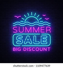 Summer Sales Neon Banner Vector. Bright Neon Advertising of Summer Discounts, Design Template, Light Banner, Bright Advertising Brochure. Vector illustration