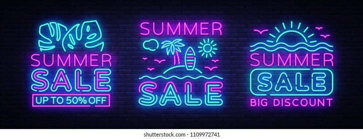 Vector de la colección de anuncios Neon Sales de verano. Brillante Publicidad Neon de Descuentos de Verano, Plantilla de Diseño, Banner Ligero, Folleto Publicitario Brillante. Ilustración del vector