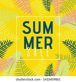 Summer Sales Poster with Advertising Text and Cartoon Tree Leaves Surrounded Frame. Seasonal Price Fall and Marketing Proposition. Flyer for Promoting Special Offer. Vector Invitation Illustration