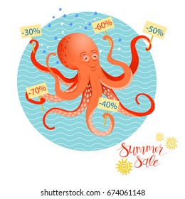 Summer sales poster with octopus. Hand written Summer sales quote. Vector illustration in eps10 format.