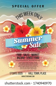 summer sales poster sand and wave beach texture theme design template