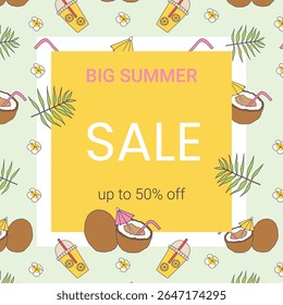Summer sales square banner in bright yellow colors with coconut. Vector.