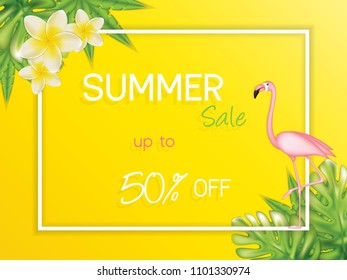 Summer sales vector design with palm leaves and flamingo bird