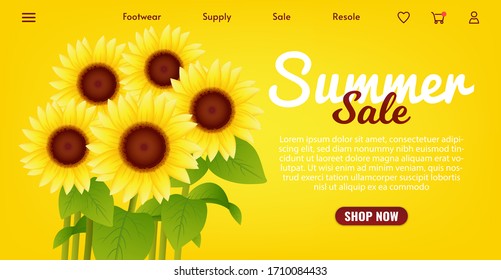 Plantilla de página web de ventas de verano. Fondo de verano con girasoles florecientes.
