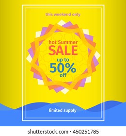 Summer sales yellow poster with abstract sun and waves