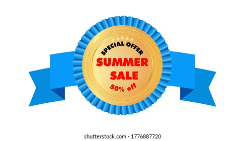 Summer sale,special offer 50% off, golden label, badge. Red text. Modern web banner element. Stock vector illustration on white isolated background.