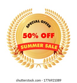 Summer sale,special offer 50% off, golden label, badge. Red text. Modern web banner element. Stock vector illustration on white isolated background.