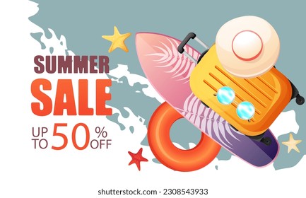 Summer sale.Summer background with hat, suitcase, surfboard, sunglasses.Vector illustration.