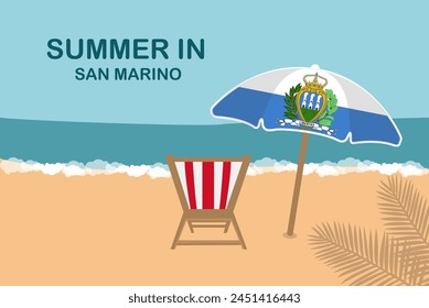 Summer in San Marino, beach chair and umbrella, vacation or holiday in San Marino, vacation concept vector design, summer holiday, sea sand sun, travel and tourism idea