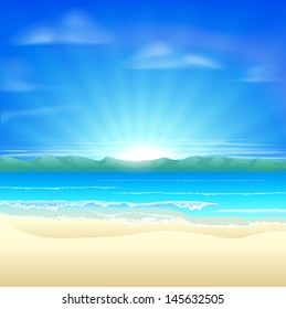 Summer sand beach background illustration of a beautiful beach at sunrise