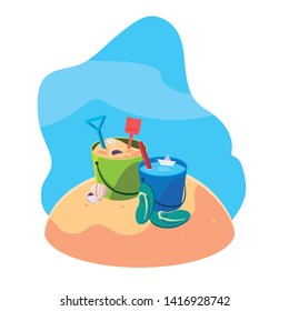 summer sand beach with sand bucket and icons