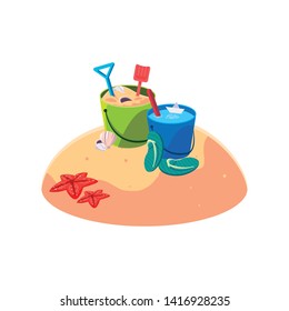 summer sand beach with sand bucket toy scene