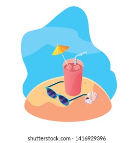 summer sand beach with cocktail and icons scene