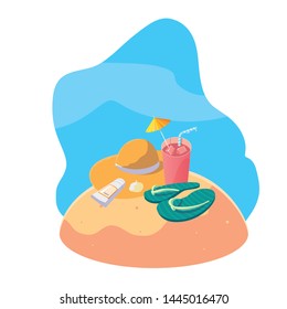 summer sand beach with cocktail and icons scene