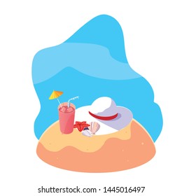 summer sand beach with cocktail and icons scene