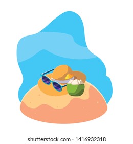summer sand beach with coconut cocktail and icons