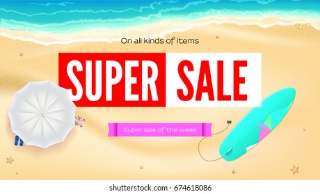 Summer sand of beach on the seashore. Selling ad banner. Summer super vacation discounts. Umbrella, beach Mat and slippers, surfboard near the waves of sea. Summer sale horizontal background.