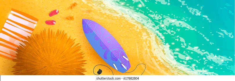 Summer sand beach: straw umbrella, mat, flip flop, ocean, sea waves, surfing board. Hand drawn elements, vector illustration. Beautiful travel banners for tropical holiday, vacation.