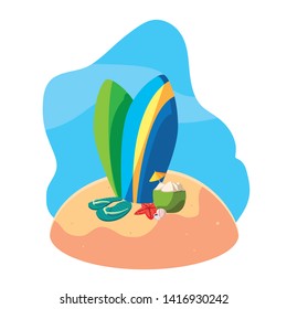 summer sand beach with surfboards and set icons