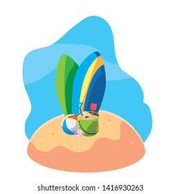 summer sand beach with surfboards and set icons