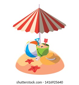 summer sand beach with umbrella and balloon toy