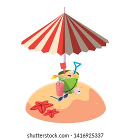 summer sand beach with umbrella and sand bucket toy
