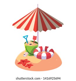 summer sand beach with umbrella and sand bucket toy