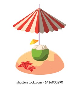 summer sand beach with umbrella and coconut cocktail