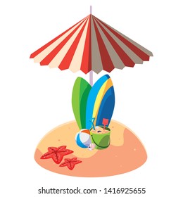 summer sand beach with umbrella and surfboards