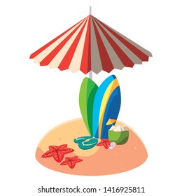 summer sand beach with umbrella and surfboards