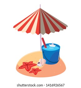 summer sand beach with umbrella and water bucket
