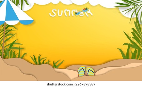 Summer Sand Beach,Green Coconut Palm Leaves on Yellow Background, Flat lay Paper cut Tropical beach with sand waves,Horizon Top view backdrop Banner with copy space for Summer vacation,Travel,Sale