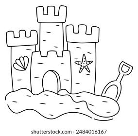 Castillo de arena de verano. Ilustración de Doodle de contorno sobre fondo blanco para colorear páginas