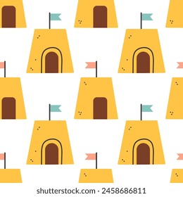 Summer sand castle pattern. Flat seamless pattern. Simple sand castle. Cartoon design. Flat vector illustration.