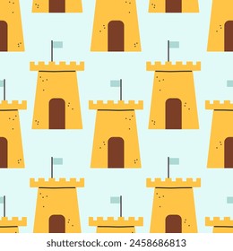 Summer sand castle pattern. Flat seamless pattern. Simple sand castle. Cartoon design. Flat vector illustration.