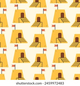 Summer sand castle pattern. Flat seamless pattern. Simple sand castle. Cartoon design. Flat vector illustration.