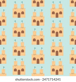 Summer Sand Castle Pattern, Flat Seamless Pattern, Cartoon Castle vector illustration