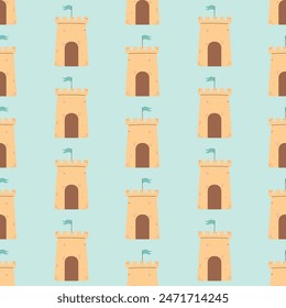 Summer Sand Castle Pattern, Flat Seamless Pattern, Cartoon Castle vector illustration