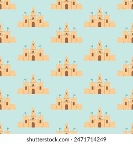 Summer Sand Castle Pattern, Flat Seamless Pattern, Cartoon Castle vector illustration