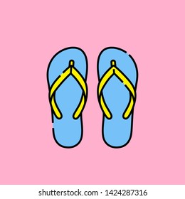 Summer sandals line icon. Blue and yellow beach flip flops isolated on pink background. Travel vacation footwear graphic. Vector illustration.