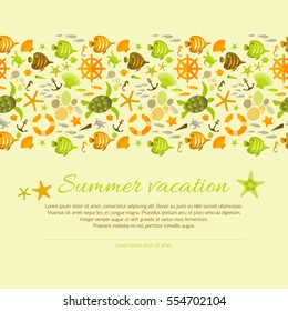 Summer sandy background  decorated nautical seamless ornament and contained text information about summer vacation flat vector Illustration 