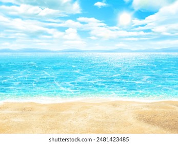 Summer sandy beach - beautiful resort beach frame background illustration of blue sky and sea with sun and clouds.