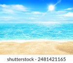 Summer sandy beach - hibiscus-beautiful resort beach frame background illustration of blue sky and sea with sun and clouds.