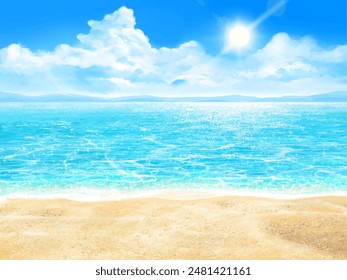 Summer sandy beach - hibiscus-beautiful resort beach frame background illustration of blue sky and sea with sun and clouds.