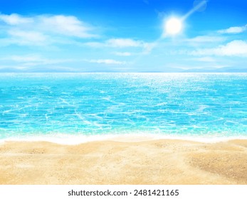 Summer sandy beach - hibiscus-beautiful resort beach frame background illustration of blue sky and sea with sun and clouds.