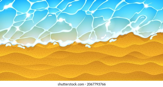 Summer sandy beach and sea waves top view. Ocean shore and shiny water surface. Vector cartoon illustration of coast with yellow sand, tropical seaside with blue water