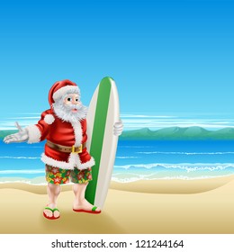 Summer Santa in beach wear, long board shorts or Bermuda shorts and flip-flop sandals, holding a surfboard on a sunny beach.